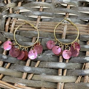 NEW Gold Hoop Pink Charm Earrings, approximately 2”